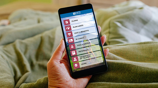 image of phone screen with Tufts Health Plan mobile app open